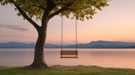 A breathtaking scene captures a wooden swing hanging from a vibrant tree by the calm lake as the sun sets. The serene atmosphere invites relaxation and reflection, perfect for nature lovers and those seeking tranquility.の素材