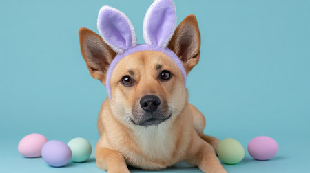 A charming dog with fluffy fur poses wearing bunny ears, surrounded by colorful Easter eggs against a soft pastel blue background, perfect for holiday themes.の素材