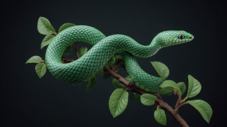 A vibrant green snake gracefully coiled on a branch, surrounded by fresh leaves, showcases the beauty of wildlife in a serene environment.の素材