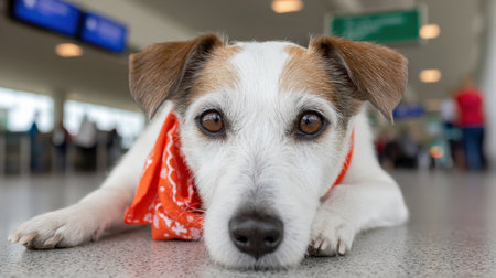 A charming dog with an orange scarf lounges on the airport floor, capturing the essence of pet travel and the joy of companionship in a bustling terminal.の素材