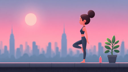 A young woman performs yoga on a rooftop during sunset, surrounded by a stunning city skyline, embodying tranquility and wellness in urban life.の素材
