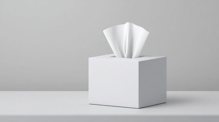 A minimalist white tissue box sits on a clean tabletop, featuring soft tissues gently protruding from its opening, perfect for modern home decor.の素材