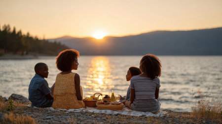 A serene moment captured as a family enjoys a peaceful picnic by the lake at sunset, celebrating togetherness and the beauty of nature.の素材