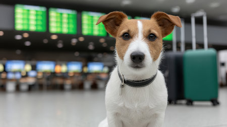A charming small dog sits calmly on the floor of an airport terminal amidst luggage and passenger check-in counters, embodying the spirit of travel and adventure.の素材