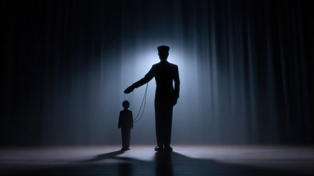 A striking silhouette of a puppet master controlling a small figure, illuminated by dramatic stage lights, evokes themes of power and manipulation in performance art.の素材