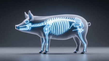 This image presents a detailed X-ray illustration of pig anatomy, highlighting bone structure and internal organs. Perfect for veterinary education and research.の素材