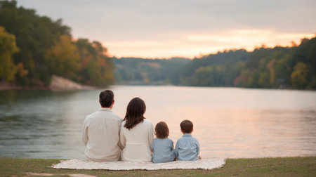 A family of four enjoys a serene sunset by a tranquil lake, highlighting moments of love and togetherness in nature's embrace, creating lasting memories.の素材