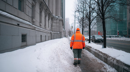 A solitary figure in a bright orange jacket walks along a snowy sidewalk in an urban setting, showcasing winter weather and city life.の素材