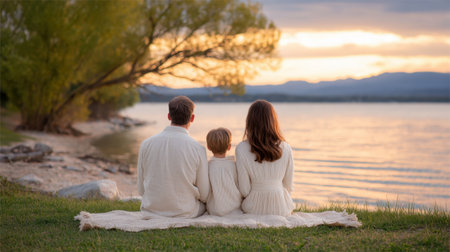 A serene family moment by the lake, showcasing a parent and child enjoying the peaceful sunset. The natural surroundings evoke warmth and togetherness.の素材