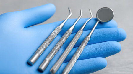 A collection of essential dentist tools is presented on a gloved hand, ready for use in dental examinations and hygiene care in a modern clinic.の素材