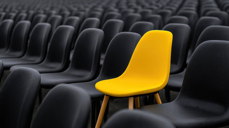 A striking yellow chair stands out in a sea of black chairs, creating a modern and minimalist atmosphere perfect for events and gatherings.の素材
