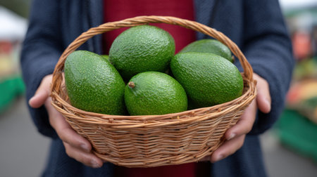 A close-up image showcasing a hand holding a basket filled with ripe avocados in a vibrant outdoor market setting, emphasizing healthy living and fresh produce.の素材