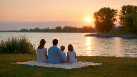 A family of four sits on a blanket by the lake, enjoying a stunning sunset. The serene atmosphere showcases nature, togetherness, and a moment of relaxation.の素材