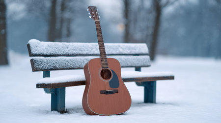 An acoustic guitar placed on a snow-covered bench captures the essence of a quiet winter day, offering a peaceful ambiance in a serene outdoor setting.の素材