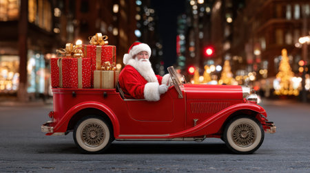 A delightful Santa Claus drives a classic red car filled with Christmas presents, illuminated by a vibrant city nightscape, radiating holiday joy.の素材
