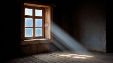 A captivating image showing sunlight beams streaming through a rustic window in a dark room, creating an inviting atmosphere filled with warmth and tranquility.の素材