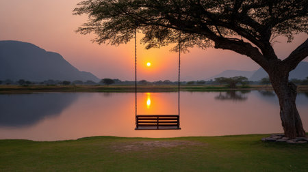 A stunning sunset casts vibrant hues over a tranquil lake, with a wooden swing hanging from a tree, creating a serene and peaceful atmosphere ideal for relaxation.の素材
