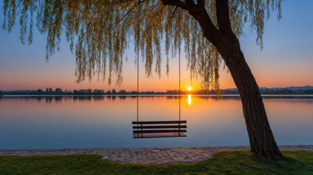 A peaceful lakeside scene featuring a wooden swing hanging from a weeping willow tree at sunset, creating a perfect tranquil escape in nature.の素材