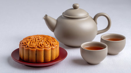 An elegant tea set featuring a beautifully crafted teapot, two cups, and a delicious mooncake. Perfect for celebrating cultural traditions and festive gatherings.の素材