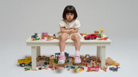 A young girl sits on a table surrounded by various colorful toys, displaying a serious expression that captures a moment of emotional complexity in childhood.の素材