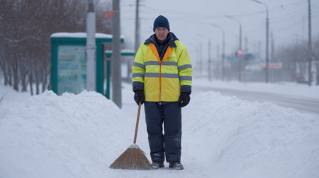 A dedicated worker clears snow from a sidewalk wearing a bright high visibility jacket, illustrating the effort needed to maintain public spaces during winter.の素材