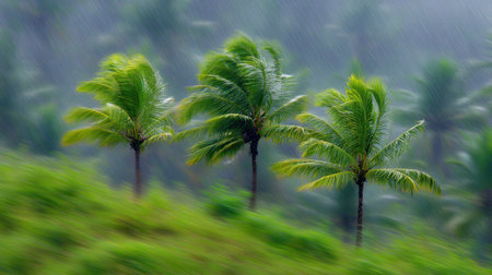 A serene view of lush green palm trees swaying gently amidst a misty backdrop, capturing the essence of tropical beauty and tranquility in nature.の素材