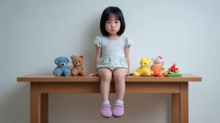 A young girl sits on a wooden table with a calm expression, surrounded by colorful toys and stuffed animals, capturing the essence of childhood innocence and joy.の素材