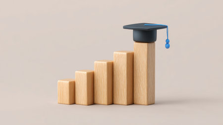 This unique illustration features a set of wooden blocks arranged in ascending order with a graduation cap on top, representing educational growth and achievement.の素材