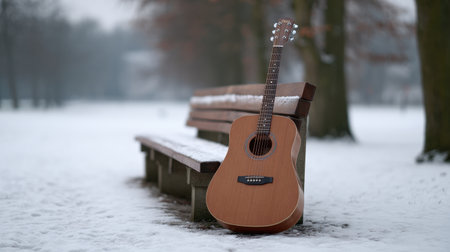 An acoustic guitar rests against a wooden bench in a snow-covered park, capturing the serene beauty of winter. The scene evokes feelings of peace and creativity amid nature.の素材
