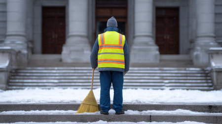 A determined worker in a bright safety vest stands before a grand historic building, using a broom to clear snow from the steps on a cold winter day.の素材