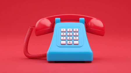 Bright and playful retro telephone in blue with a striking red receiver on a vivid red background. Perfect for creative projects highlighting nostalgia and communication themes.の素材