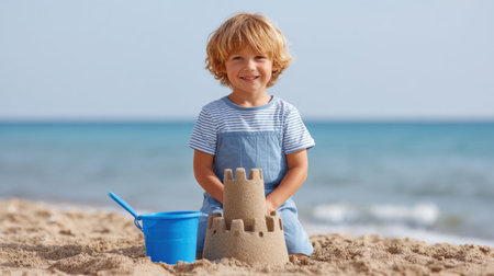 A joyful child builds a sandcastle on a sunny beach. The vibrant blue bucket and sparkling ocean create a perfect scene of childhood joy and creativity.の素材
