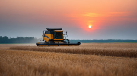A combine harvester operates in a golden wheat field during a stunning sunset, showcasing the beauty of agriculture and rural life in a serene landscape.の素材