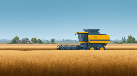 This image showcases a bright yellow harvesting machine working in a golden wheat field under a clear blue sky, with a rural house in the background.の素材