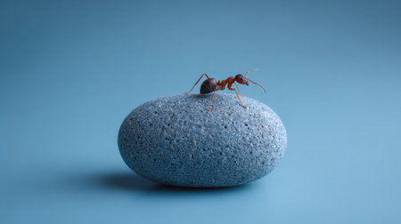 A striking close-up photo of an ant perched on a textured blue stone, emphasizing the beauty of nature and minimalism in a creative environment.の素材