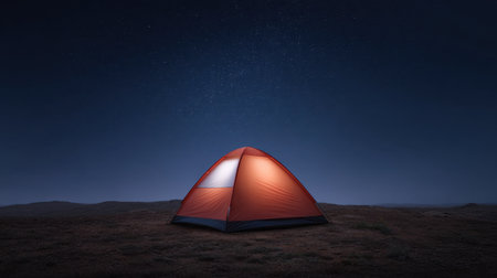 A striking orange tent glows softly under a star-filled sky, set against a serene landscape, inviting campers and travelers to a peaceful outdoor experience.の素材