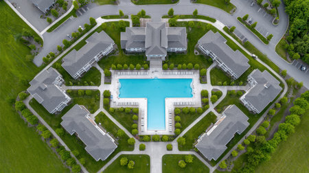 This aerial image showcases a modern apartment complex featuring a central pool surrounded by lush greenery. The design reflects a peaceful residential community atmosphere.の素材