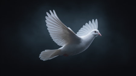 This captivating image features a graceful white bird in mid-flight, showcasing its elegant wings against a dark background, symbolizing freedom and peace.の素材