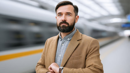 A thoughtful man stands at a modern train station, dressed in smart casual attire, as he awaits his train's departure in an urban environment.の素材