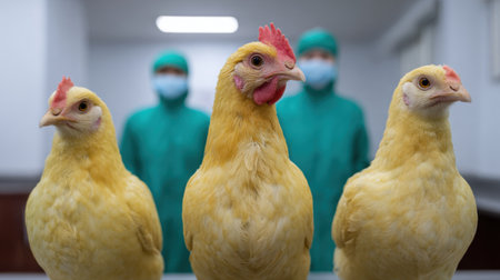Three yellow chickens stand prominently in the foreground while people in protective gear observe in the background, showcasing modern agricultural practices.の素材