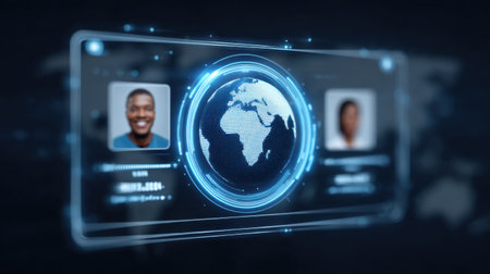This image portrays a futuristic digital interface showcasing biometric profiles alongside a globe, emphasizing connectivity and advanced technology concepts in data management and identity verification.の素材
