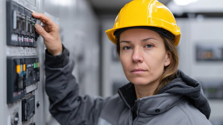 A serious female electrician wearing a yellow hard hat and gray jacket operates an electrical control panel in an industrial setting, showcasing professionalism and skill.の素材