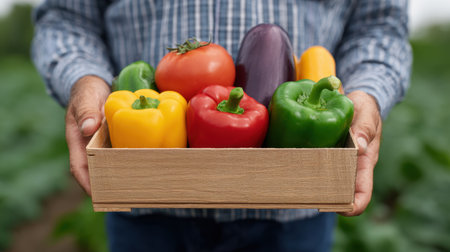 A farmer proudly holds a wooden crate filled with vibrant vegetables, including bell peppers, tomatoes, and eggplants, showcasing the beauty of fresh produce.の素材