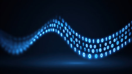 This image features an abstract representation of digital data flow, showcasing glowing binary code elements creating a mesmerizing wave effect against a dark backdrop.の素材