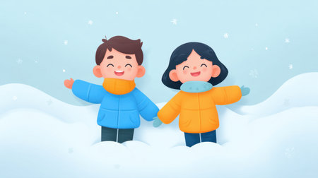A cheerful scene of two children enjoying a snowy day, dressed in bright jackets. Their joyful expressions and playful poses evoke warmth and happiness in winter.の素材