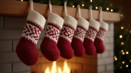 A charming scene featuring cozy red Christmas stockings carefully hung on a wooden mantel above a warm fireplace, creating a festive and inviting ambiance perfect for the holiday season.の素材