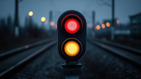 A striking image of a traffic signal displaying red and yellow lights at dusk by railway tracks, capturing the essence of urban transport safety amidst a blurred background.の素材