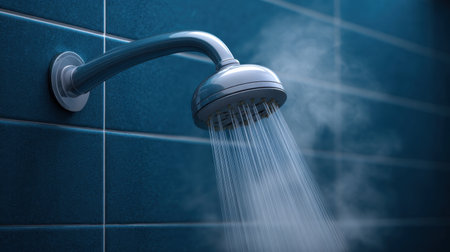 This image features a sleek shower head with water flowing and steam rising, set against a blue tiled wall, evoking feelings of relaxation and comfort.の素材