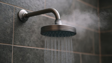 A modern showerhead releases a gentle spray of water in a misty bathroom setting featuring dark gray tiles, combining style and functionality for a refreshing experience.の素材