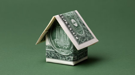 A unique representation of a house crafted from dollar bills, symbolizing the link between finance and real estate investment, perfect for economic themes.の素材